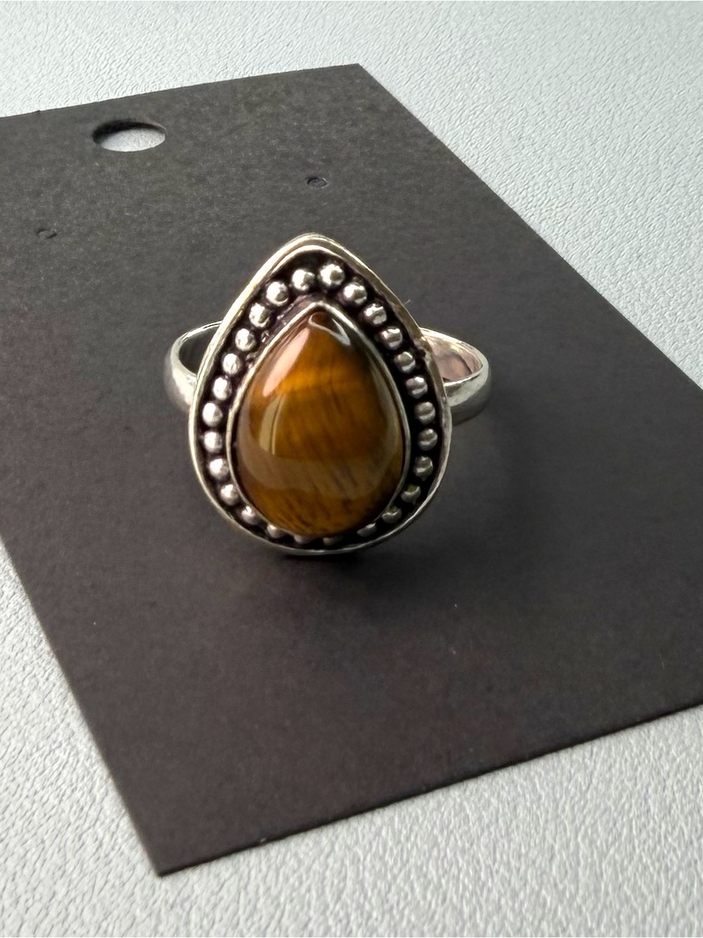 Tiger Eye Teardrop Sterling-Style Ring - Brown